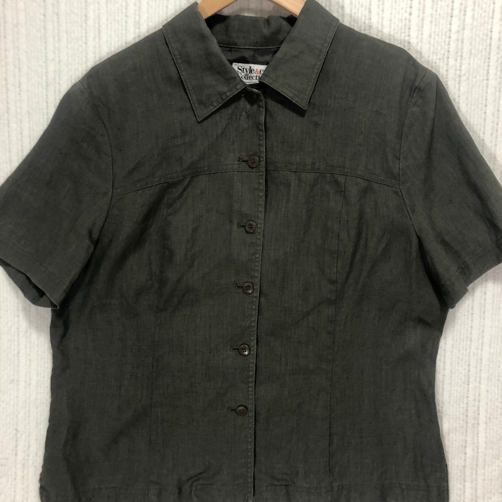 Style&co. Linen Button Down Top Short Sleeve Olive Green Shirt Size 16